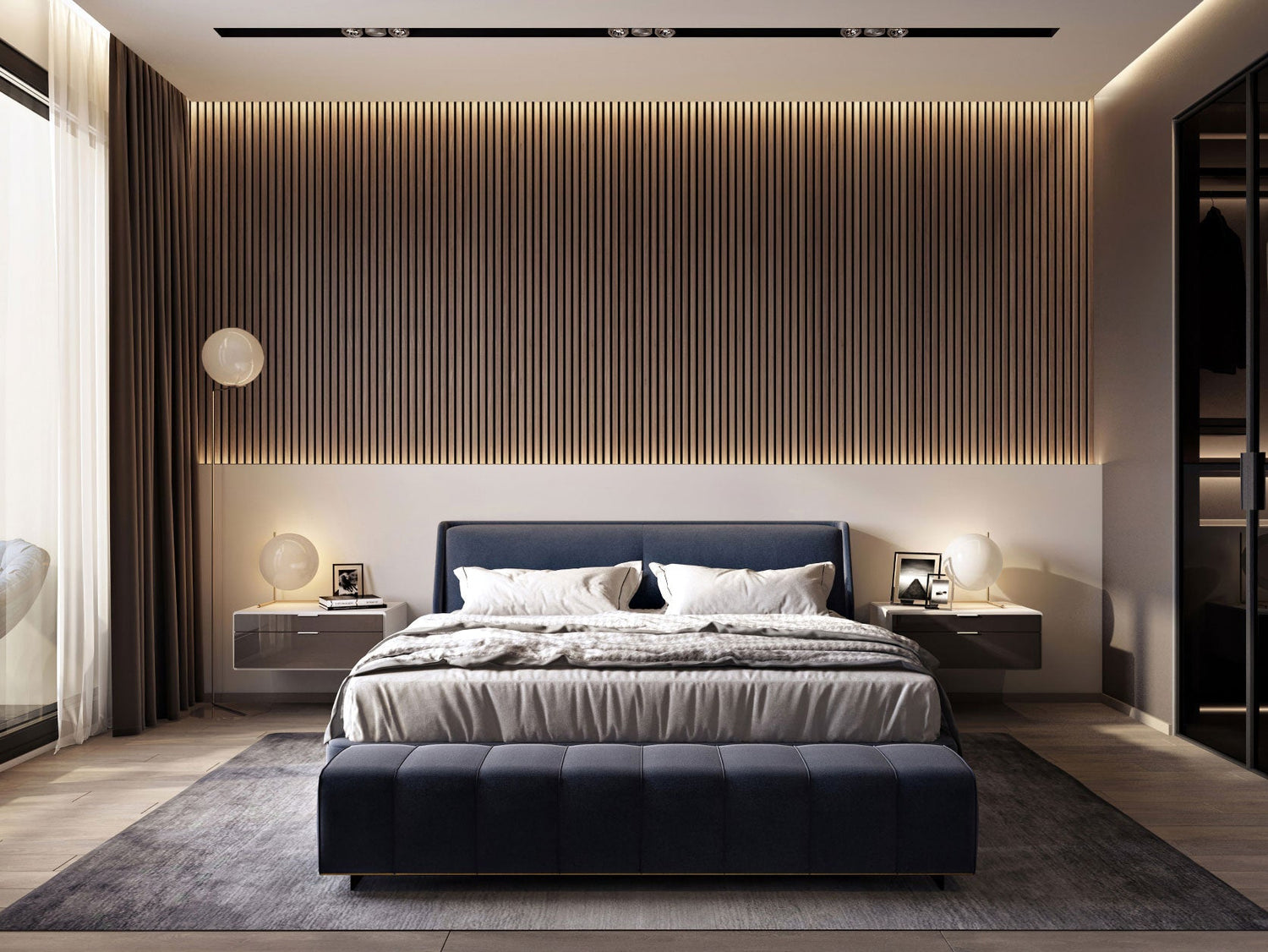 Walnut wood acoustic slat veneer panel applied in a modern well designed bedroom setting.
