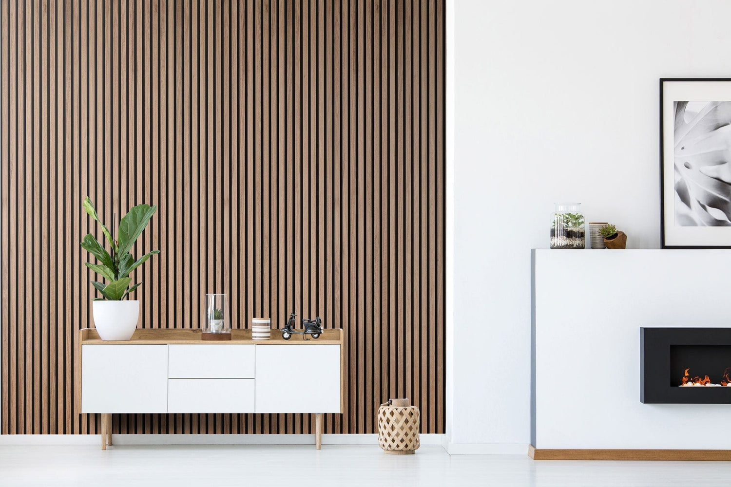 Walnut Slatpanel acoustic wood veneer panel used in reception room.