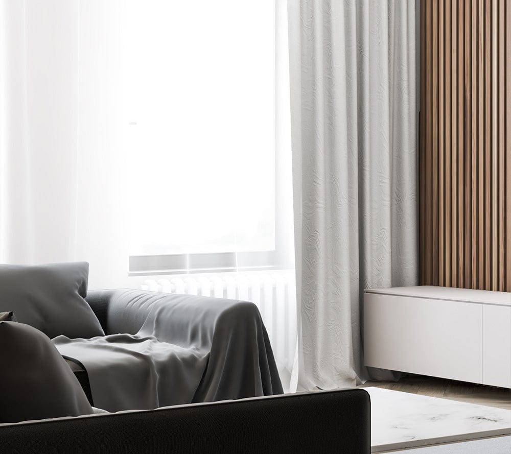 Luxury wood wall paneling solution in a modern apartment block, providing acoustic reducing properties.